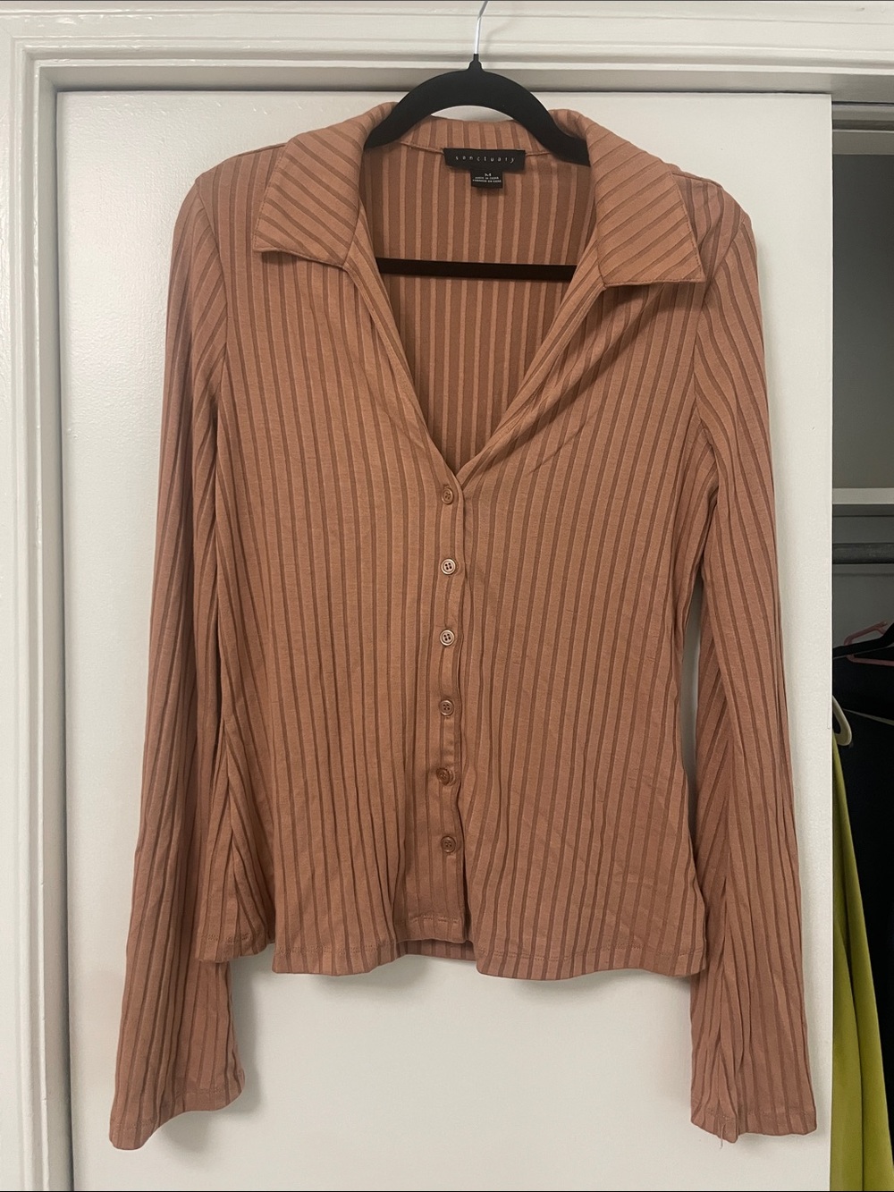 Sanctuary Ribbed Button-Down Long Sleeve Top - Tan